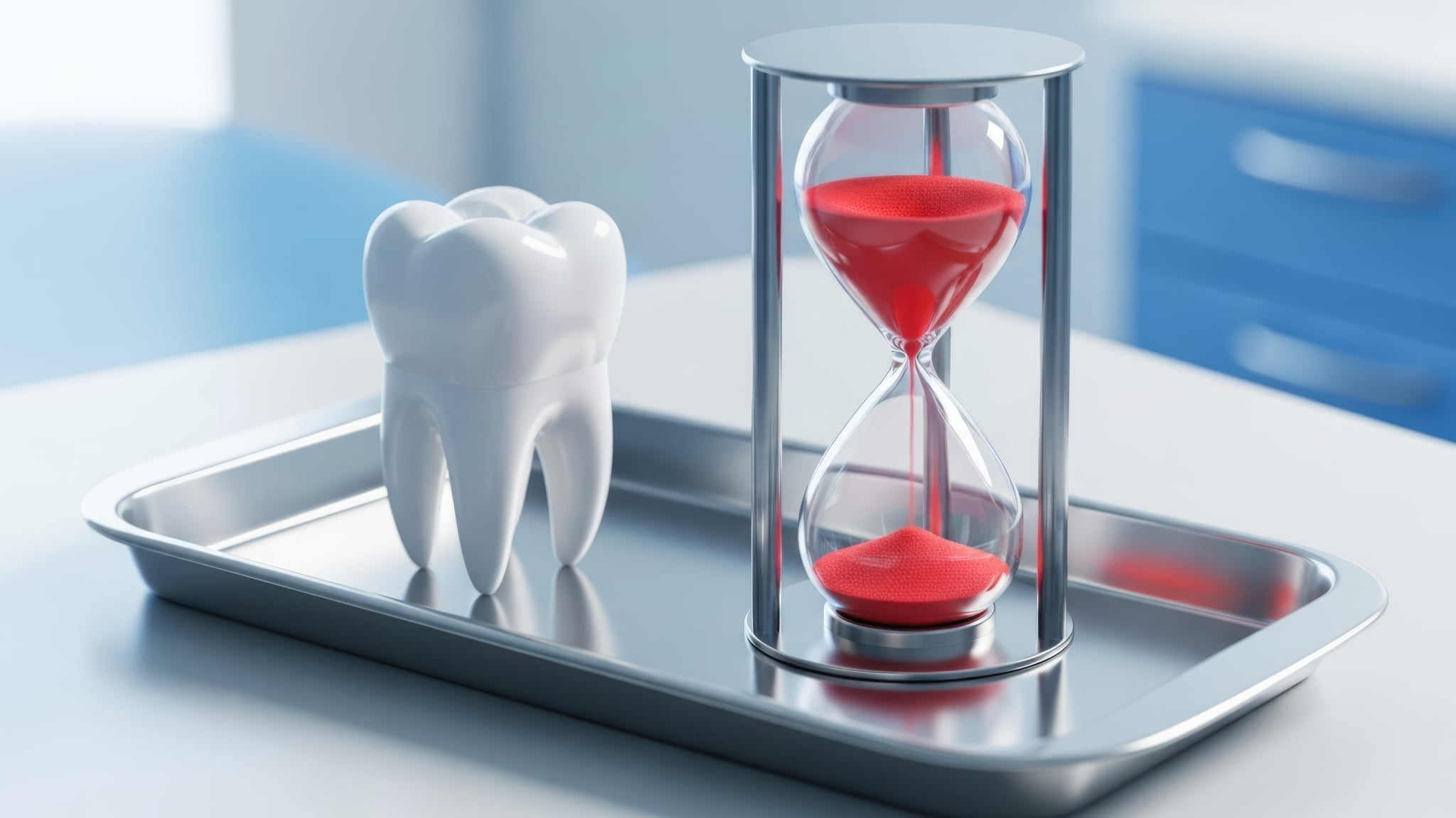 ホワイトニングした歯の白さがどのくらいもつかを示す白い歯の模型と砂時計