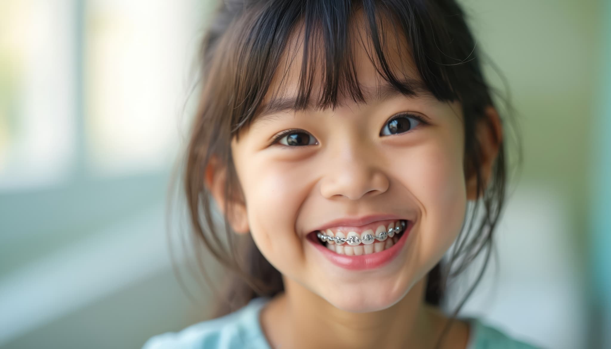 ワイヤー矯正中の笑顔の女の子